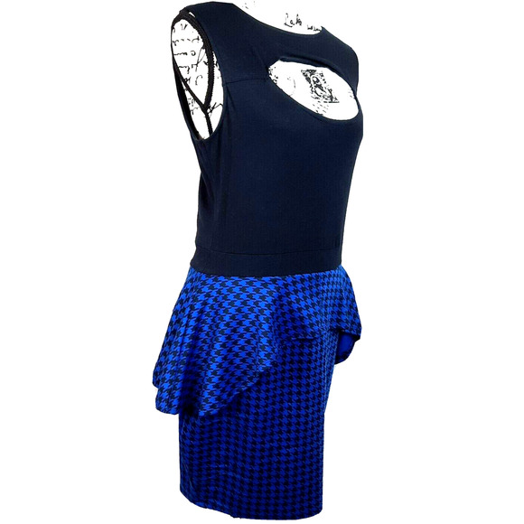 Vtg Apple Bottoms Y2K Cut Out Peplum Pencil Dress Large Blue Black Houndstooth - Picture 2 of 16